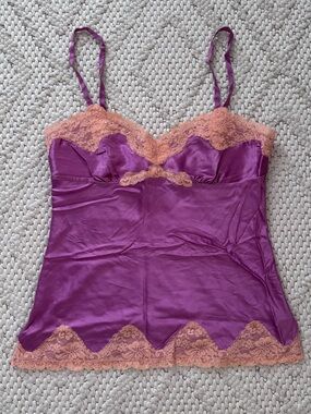 Y2K Silk Express Purple Satin Cami with Peach Lace Trim Medium